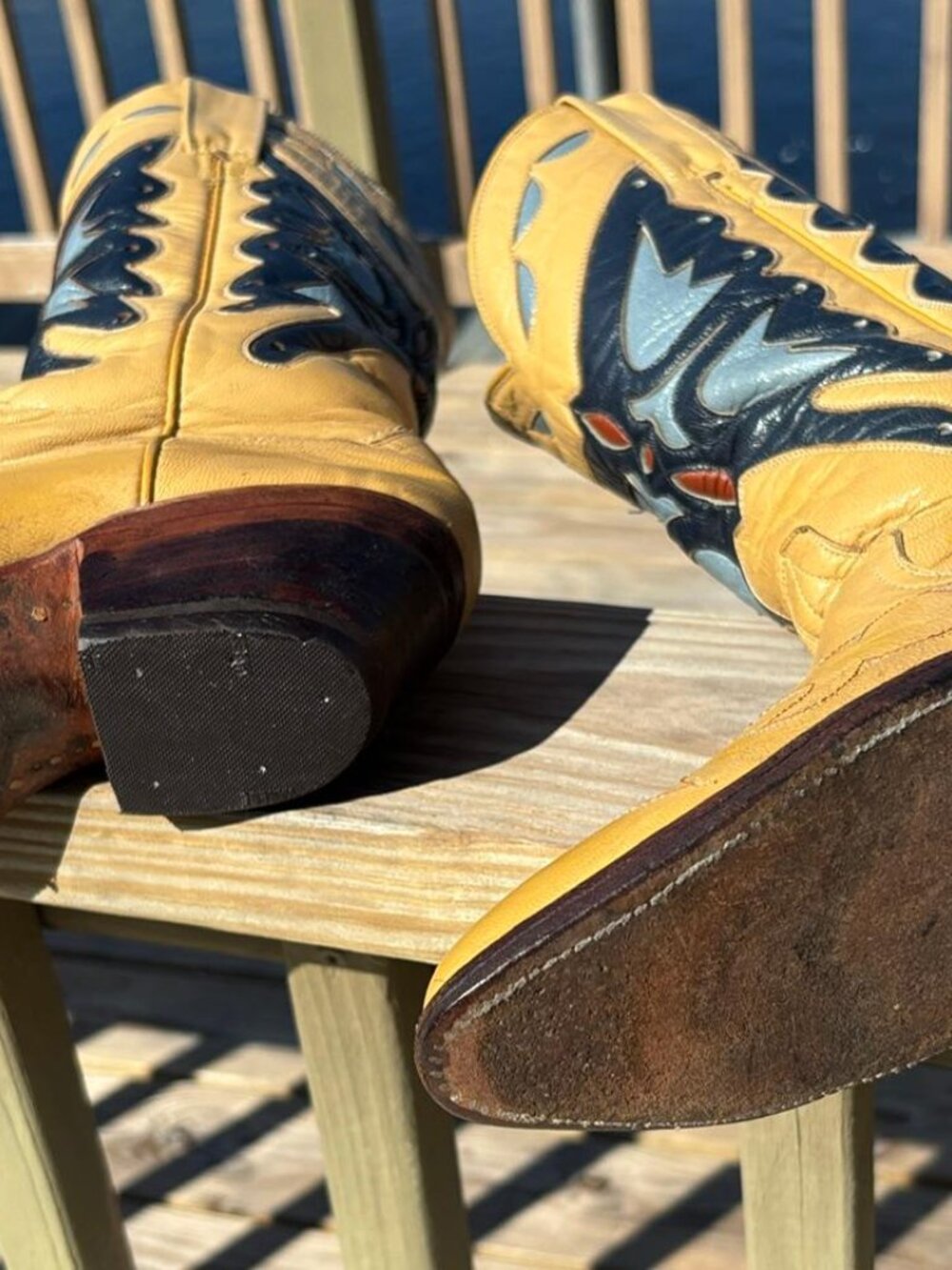 Yellow Leather Western Heeled Boots with Navy and Light Blue Accent - Picture 5 of 14